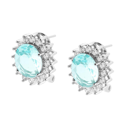 Orecchini Clip Zircone Ovale Acquamarina contornato con Zirconi Bianchi in ARGENTO 925 Galvanica Rodio