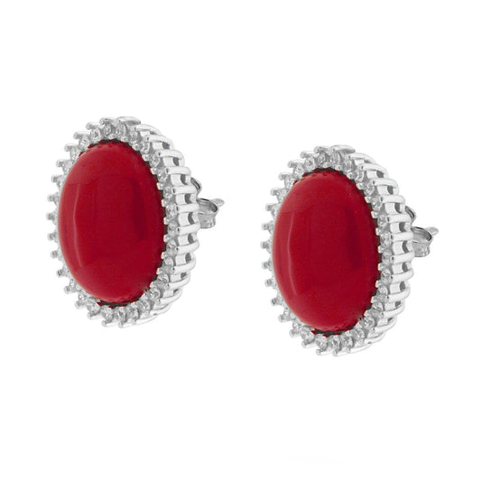 Orecchini Ovale Corallo contornati con Zirconi Bianchi in ARGENTO 925 Galvanica Rodio