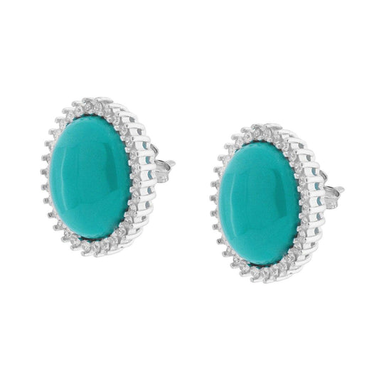 Orecchini Ovale Turchese contornati con Zirconi Bianchi in ARGENTO 925 Galvanica Rodio