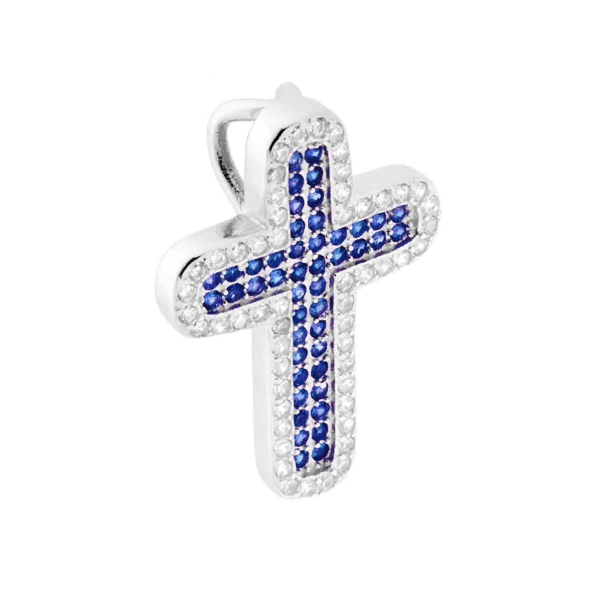 Ciondolo Croce con Zirconi Blu Zaffiro e Bianchi in ARGENTO 925 Galvanica Rodio