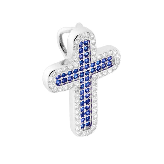 Ciondolo Croce con Zirconi Blu Zaffiro e Bianchi in ARGENTO 925 Galvanica Rodio