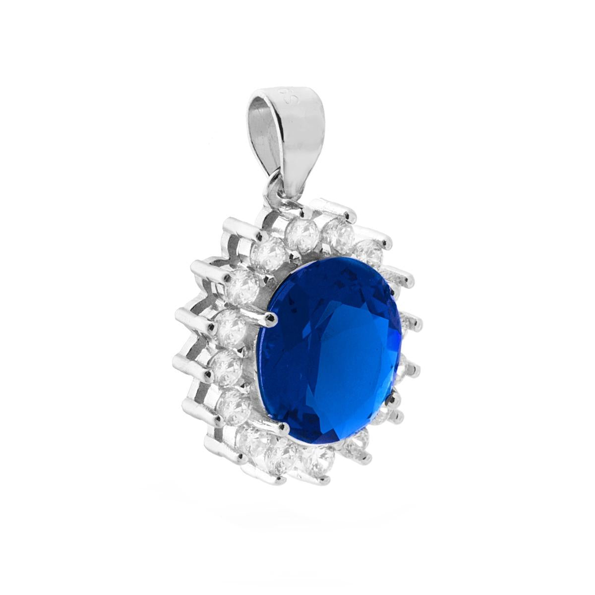 Ciondolo con Zircone Ovale Blu Zaffiro contornato da Zirconi Bianchi in ARGENTO 925 Galvanica Rodio