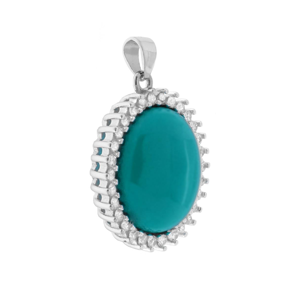 Ciondolo Ovale Turchese contornato da Cubic Zirconia Bianchi in ARGENTO 925 Galvanica Rodio<BR>