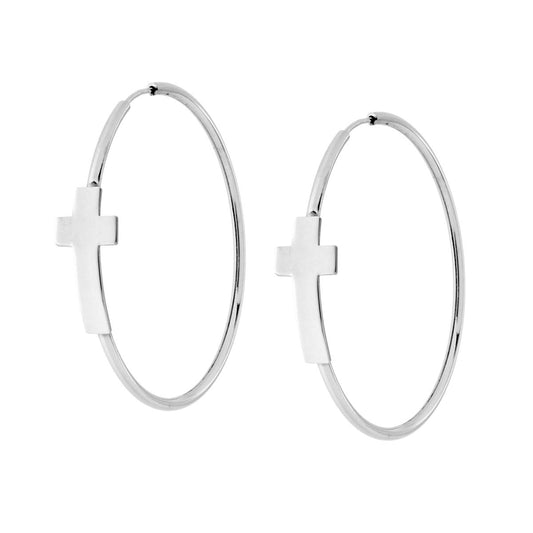 Orecchini Cerchio mm 42 con Croce in ARGENTO 925 Galvanica Rodio