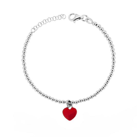 Bracciale con Palline mm 3 e Cuore Smalto Rosso in ARGENTO 925 Galvanica Rodio