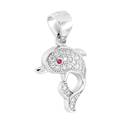 Ciondolo Delfino con Cubic Zirconia Bianchi e Occhio Rubino in ARGENTO 925 Galvanica Rodio