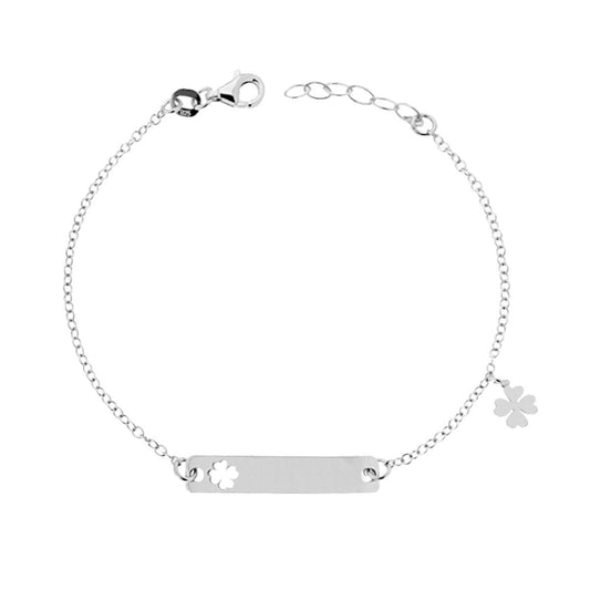 Bracciale Targa Bimbo Bimba con Catena Forzatina e Quadrifoglio pendente in ARGENTO 925 Galvanica Rodio