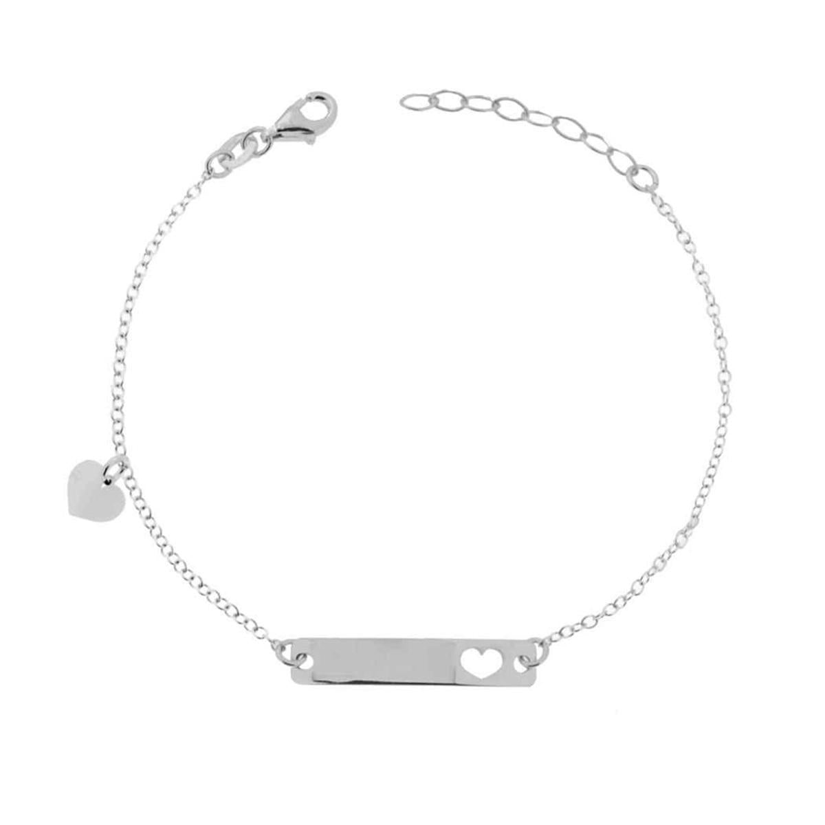 Bracciale Targa Bimbo Bimba con Catena Forzatina e Cuore pendente in ARGENTO 925 Galvanica Rodio