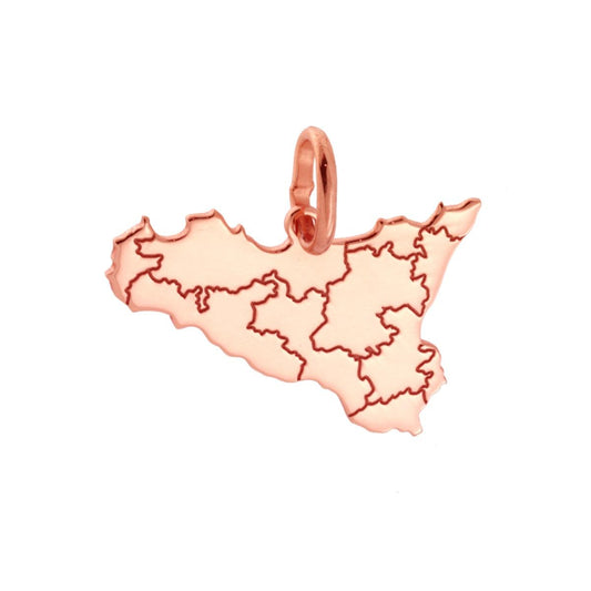 Ciondolo con sagoma plain a forma di Sicilia mm 17x25 con incisione province in ARGENTO 925 Galvanica Rosa