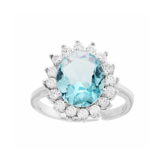 Anello Halo Solitario con Zircone Ovale Acquamarina contornato con Zirconi Bianchi in ARGENTO 925 Galvanica Rodio