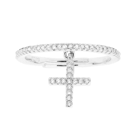 Anello Veretta con Croce pendente e Cubic Zirconia Bianchi in ARGENTO 925 Galvanica Rodio
