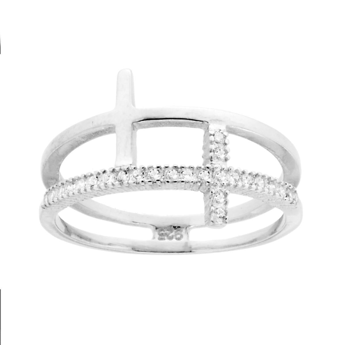 Anello doppio filo modello veretta con Croce Cubic Zirconia Bianchi in ARGENTO 925 Galvanica Rodio