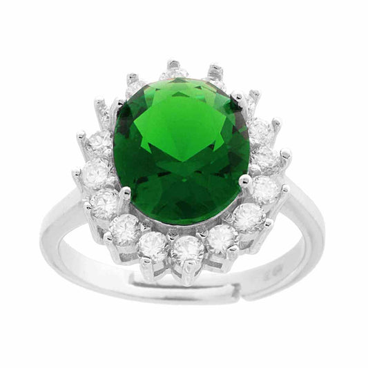 Anello Halo Solitario con Zircone Ovale Verde Smeraldo contornato con Zirconi Bianchi in ARGENTO 925 Galvanica Rodio