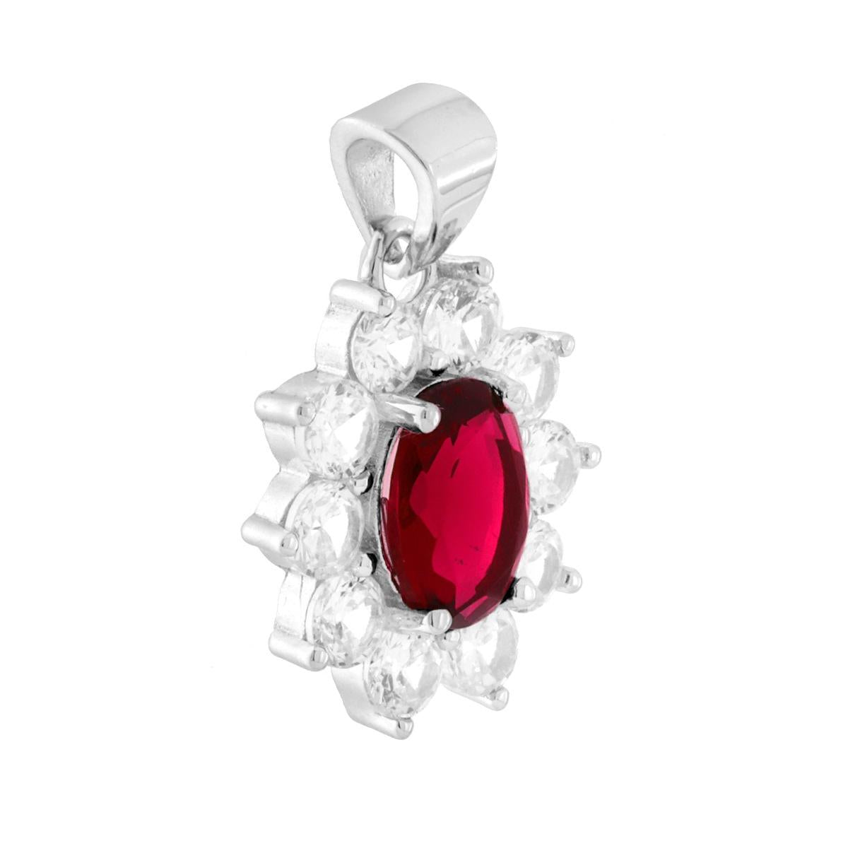 Ciondolo Ovale con Zircone Rosso Rubino contornato da Zirconi Bianchi in ARGENTO 925 Galvanica Rodio