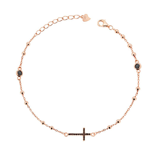 Bracciale Rosario cm 20 con Palline mm 2.5 Croce e Zirconi Neri in ARGENTO 925 Galvanica Rosa