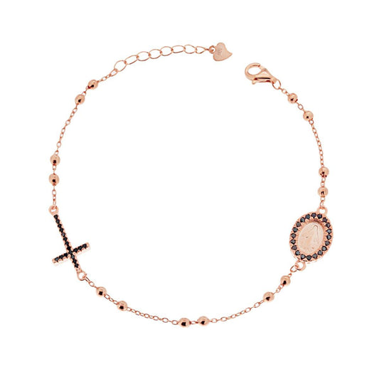 Bracciale Rosario con Croce e Medaglia Madonna cm 20 con Palline mm 2.5 e Zirconi Neri in ARGENTO 925 Galvanica Rosa