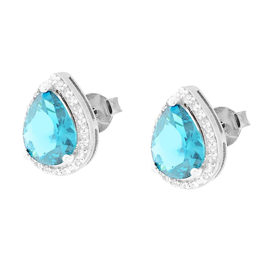 Orecchini Goccia con Zircone Acquamarina contornato con Zirconi Bianchi in ARGENTO 925 Galvanica Rodio