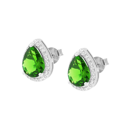Orecchini Goccia con Zircone Verde Smeraldo contornato con Zirconi Bianchi in ARGENTO 925 Galvanica Rodio
