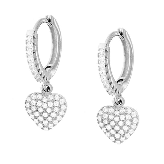 Orecchini Cerchio Scattino mm 15 con Cuore pendente con Zirconi Bianchi in ARGENTO 925 Galvanica Rodio