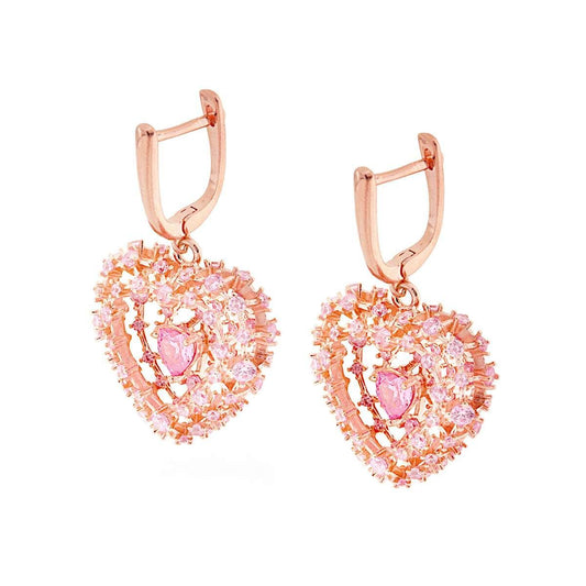 Orecchini a Scatto Inglese Nido a Cuore con Zirconi Rosa e Zircone Cuore interno in ARGENTO 925 Galvanica Rosa