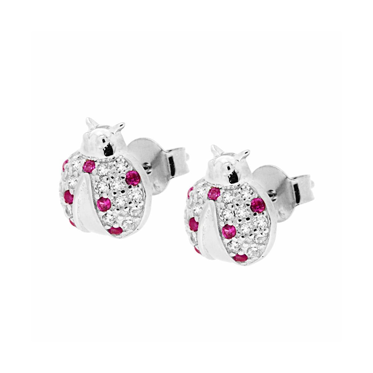 Orecchini Coccinella con Zirconi Bianchi e pois Rosso Rubino in ARGENTO 925 Galvanica Rodio
