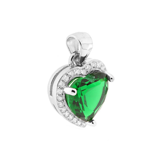 Ciondolo Cuore con Zircone Verde Smeraldo contornato da Zirconi Bianchi in ARGENTO 925 Galvanica Rodio