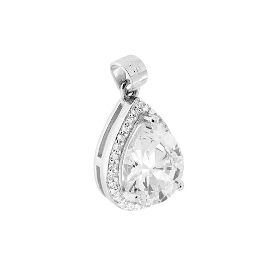 Ciondolo Goccia con Zircone Bianco contornato da Zirconi Bianchi in ARGENTO 925 Galvanica Rodio