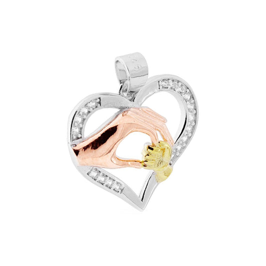 Ciondolo Cuore con Zirconi Bianchi con mano Mamma Rose e mano Bimbo in Galvanica Oro in ARGENTO 925 Galvanica Rodio