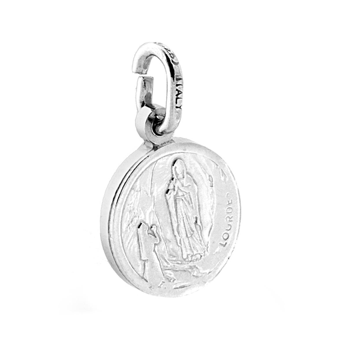 Ciondolo Sacro rotondo Madonna di Lourdes mm 11 in ARGENTO 925 Galvanica Rodio