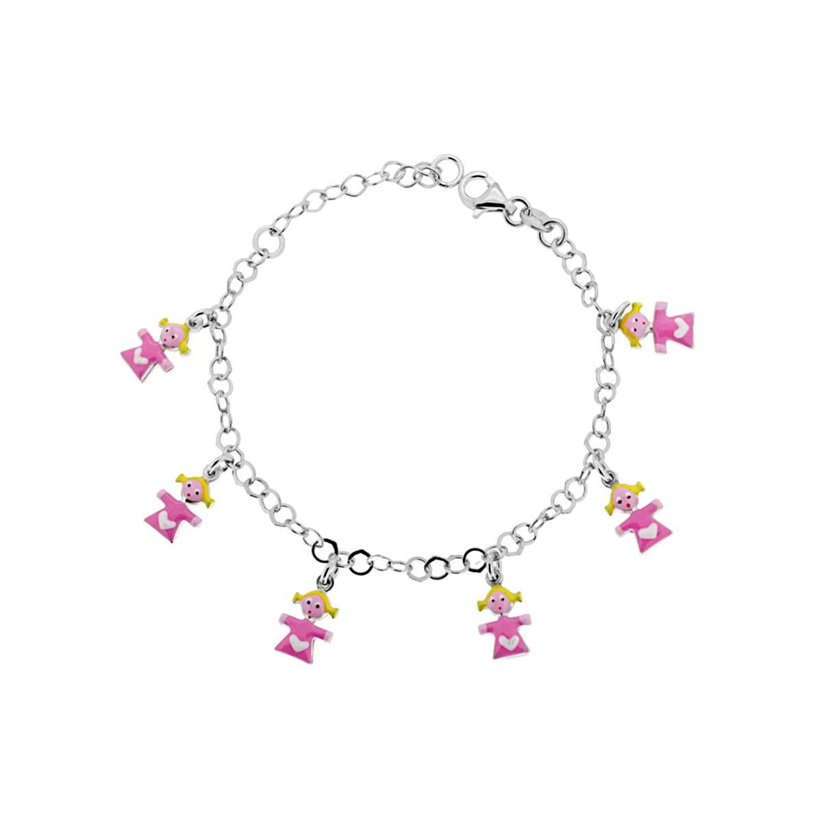 Bracciale Bimbo Bimba Catena Rolo con Bimbe Pendenti smaltate in ARGENTO 925 Galvanica Rodio