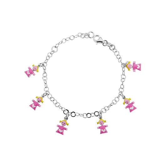 Bracciale Bimbo Bimba Catena Rolo con Bimbe Pendenti smaltate in ARGENTO 925 Galvanica Rodio