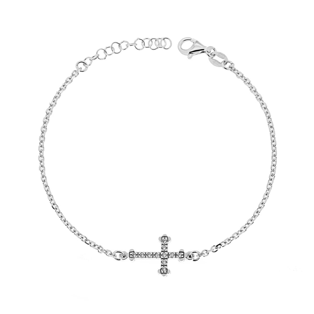 Bracciale Catena Rolo e Croce con Zirconi colore Bianco in ARGENTO 925 Galvanica Rodio<BR>