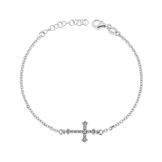 Bracciale Catena Rolo e Croce con Zirconi colore Bianco in ARGENTO 925 Galvanica Rodio<BR>