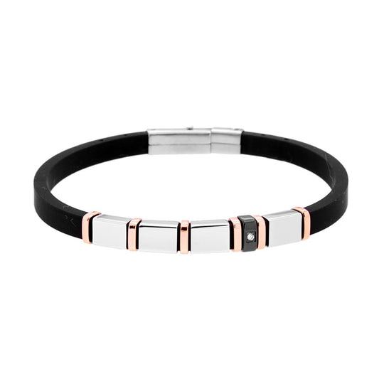 Bracciale in PVC Caucciu Nero con Crystal Bianco e Accessori Rosa in ACCIAIO