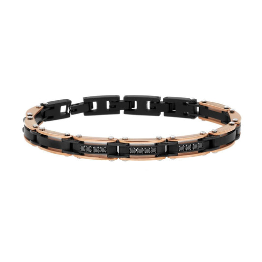 Bracciale Uomo Maglia Imperniata con dettaglio colore Rosa e Crystal Neri in ACCIAIO colore Nero