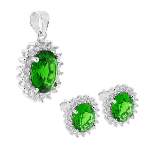 Parure Set Ciondolo e Orecchini Zircone Ovale Verde Smeraldo contornato con Zirconi Bianco in ARGENTO 925 Galvanica Rodio
