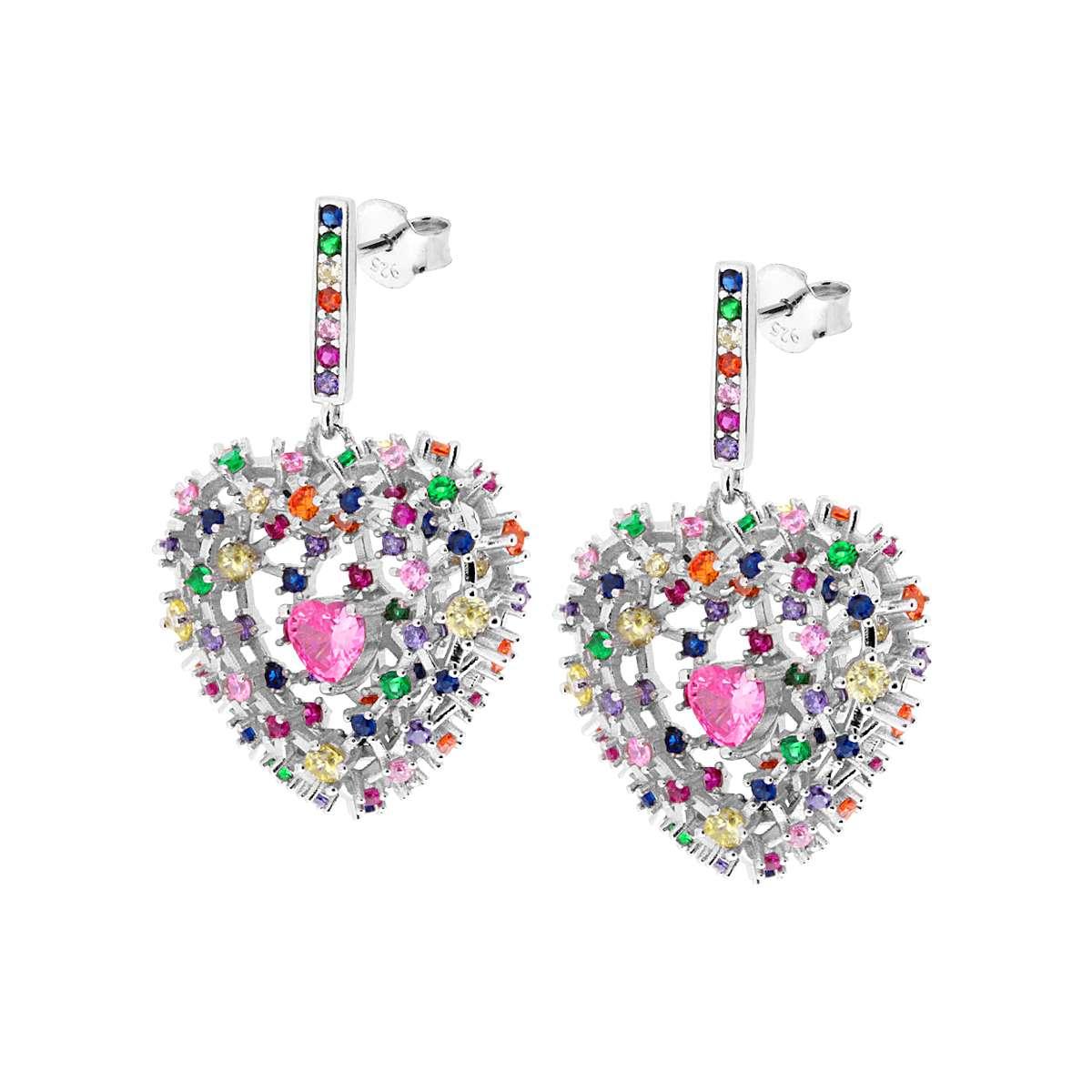 Orecchini Nido a Cuore con Zirconi Multicolor e Zircone Cuore Rosa interno in ARGENTO 925 Galvanica Rodio