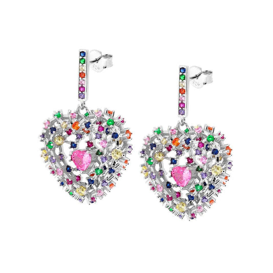Orecchini Nido a Cuore con Zirconi Multicolor e Zircone Cuore Rosa interno in ARGENTO 925 Galvanica Rodio