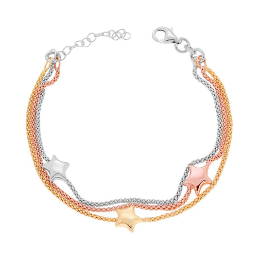 Bracciale tre fili Catena Coreana con Stelle Bombate in ARGENTO 925 Galvanica Oro Rodio e Rosa