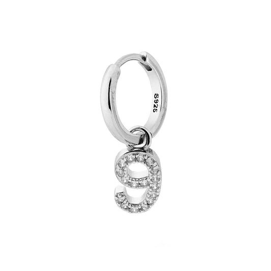 Orecchino Cerchio Creola con Numero Nove pendente con Zirconi Bianchi in ARGENTO 925 Galvanica Rodio