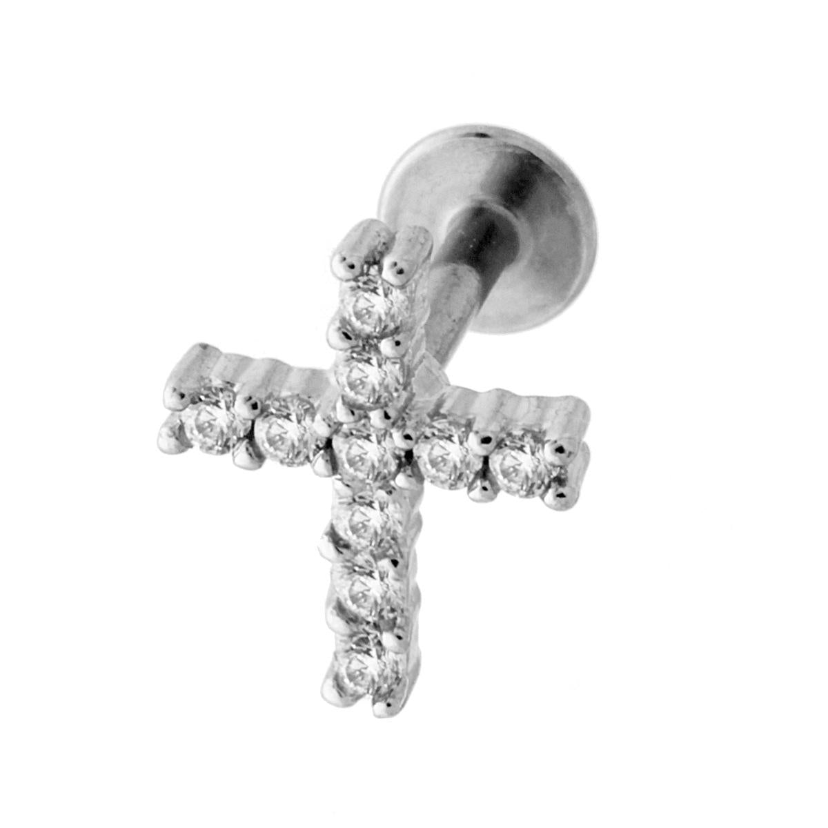 Body Piercing Labret Trago Croce con Crystal Bianchi in ACCIAIO