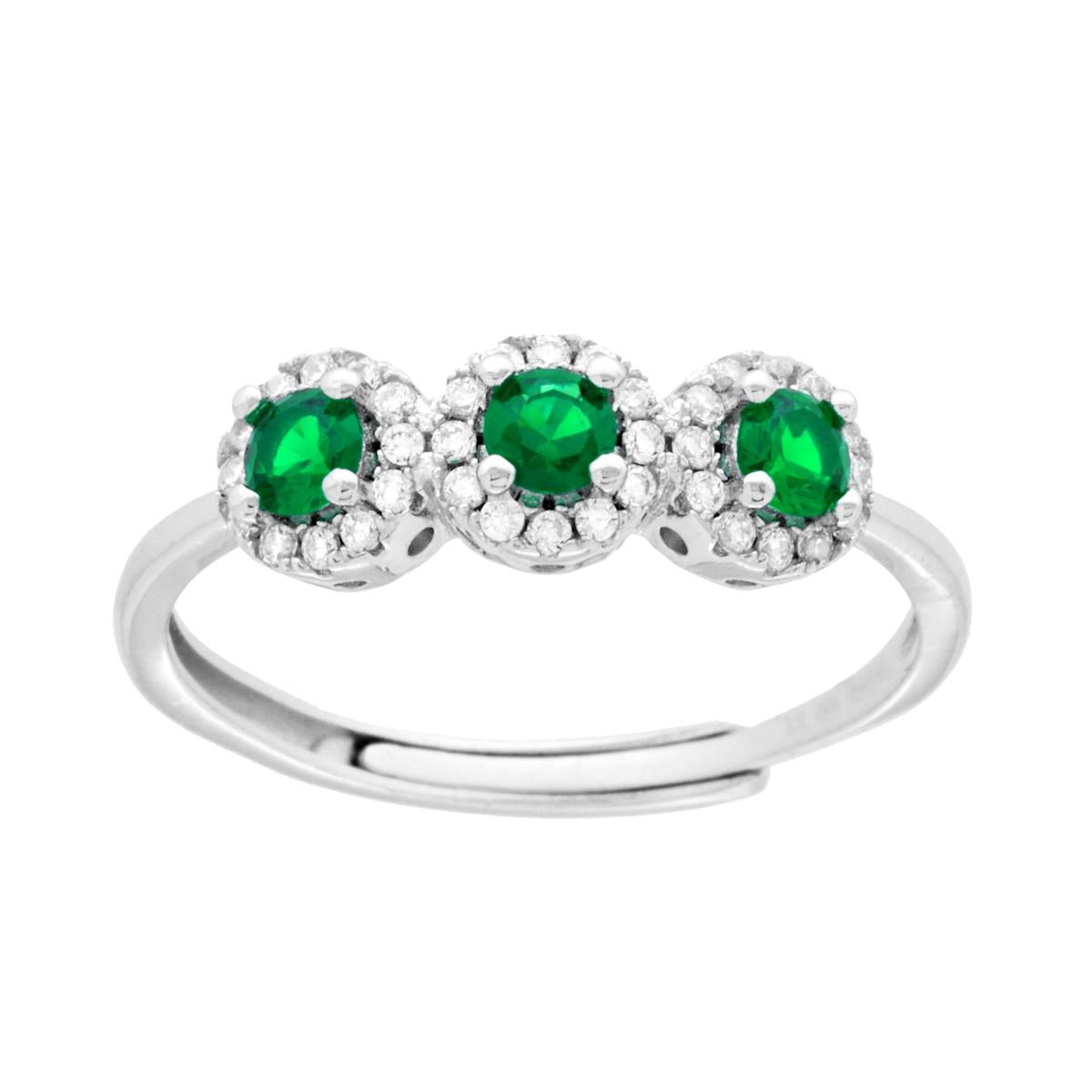 Anello Trilogy con Cubic Zirconia Verde Smeraldo in ARGENTO 925 Galvanica Rodio