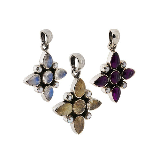 Ciondolo Etnico Fiore con Perle e Pietre Naturali in ARGENTO 925