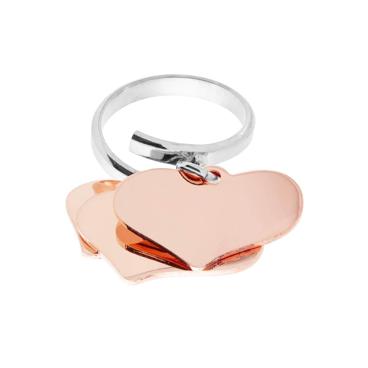 Anello Amore Love con tre Cuori Rosa pendenti plain mm 23 in ARGENTO 925 Galvanica Rodio