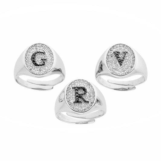 Anello Chevalier con Lettera Iniziale con Zirconi Neri con fondo Zirconi Bianchi in ARGENTO 925 Galvanica Rodio