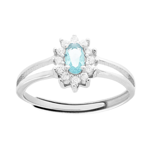 Anello Solitario con Zircone ovale Acquamarina contornato con Zirconi Bianchi in ARGENTO 925 Galvanica Rodio