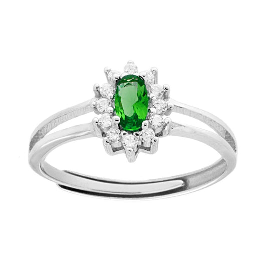 Anello Solitario con Zircone Ovale Verde Smeraldo contornato con Zirconi Bianchi in ARGENTO 925 Galvanica Rodio