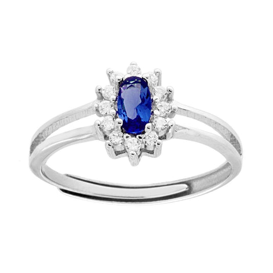 Anello Solitario con Zircone Ovale Blu Zaffiro contornato con Zirconi Bianchi in ARGENTO 925 Galvanica Rodio