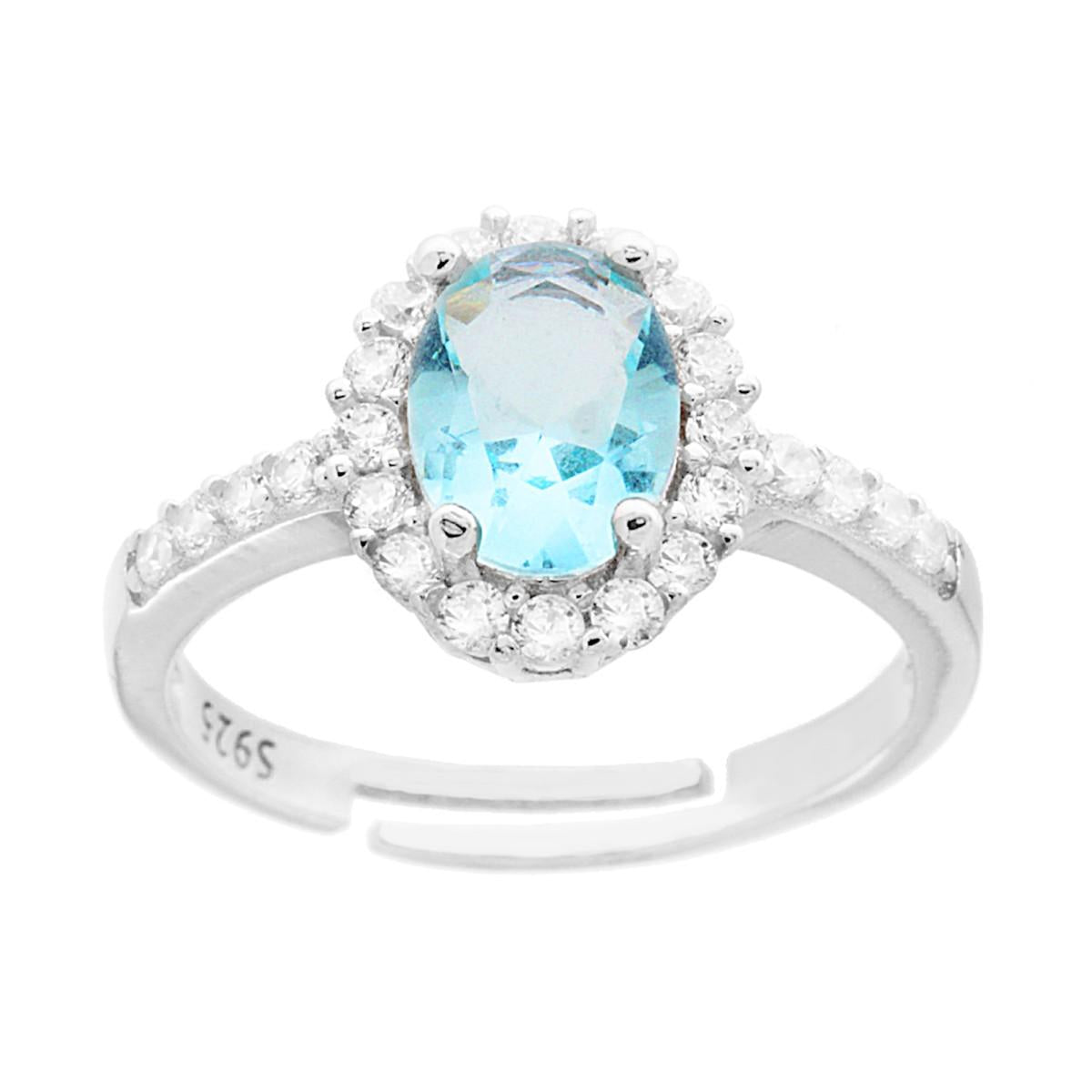 Anello Halo Solitario con Zircone Ovale Acquanarina contornato con Zirconi Bianchi in ARGENTO 925 Galvanica Rodio