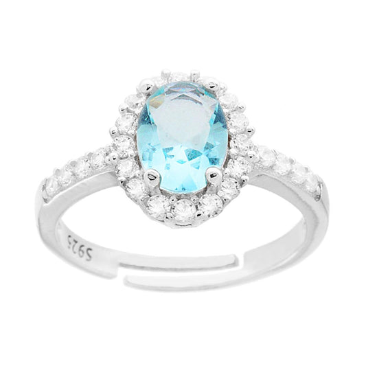 Anello Halo Solitario con Zircone Ovale Acquanarina contornato con Zirconi Bianchi in ARGENTO 925 Galvanica Rodio